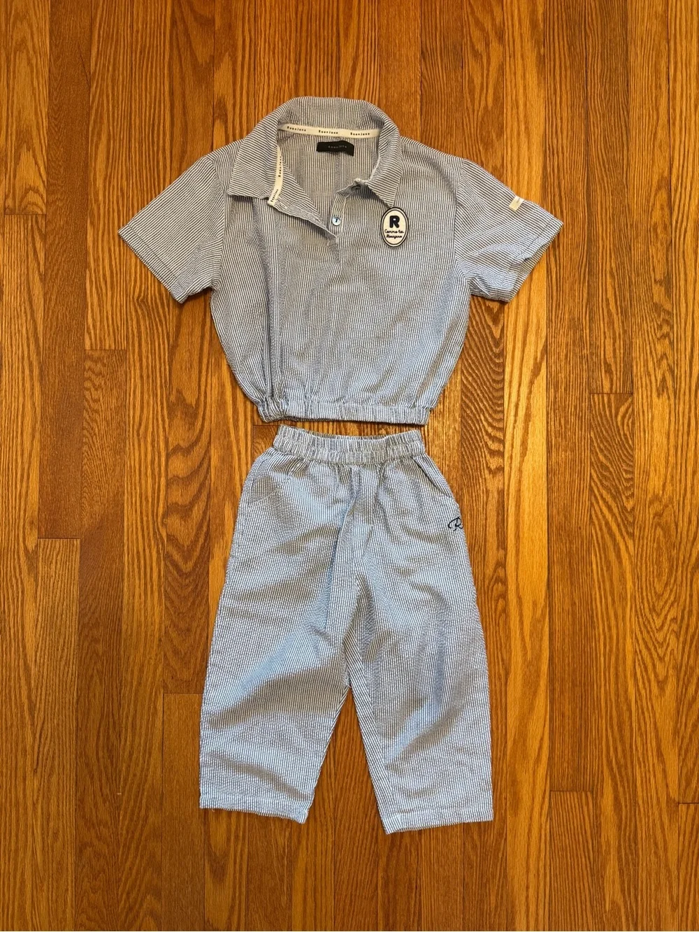 Light Blue Striped Two-Piece Gauze Crop Top & Pants Set